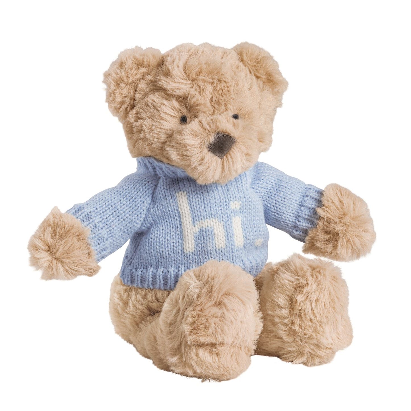 mudpie Plush teddy bear wearing a blue sweater with 'hi' on a white background