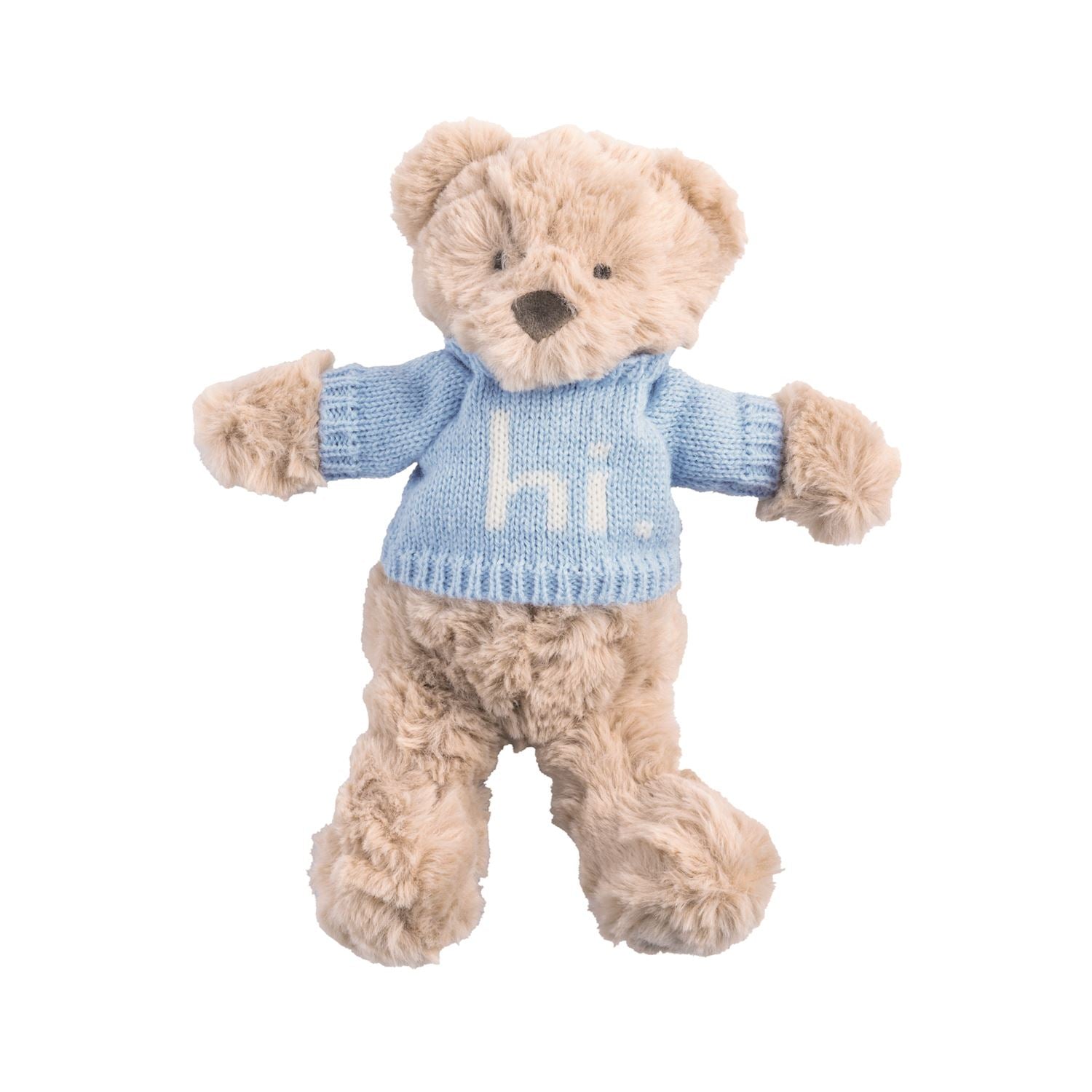 Mudpie Plush teddy bear wearing a blue sweater with 'hi' on a white background