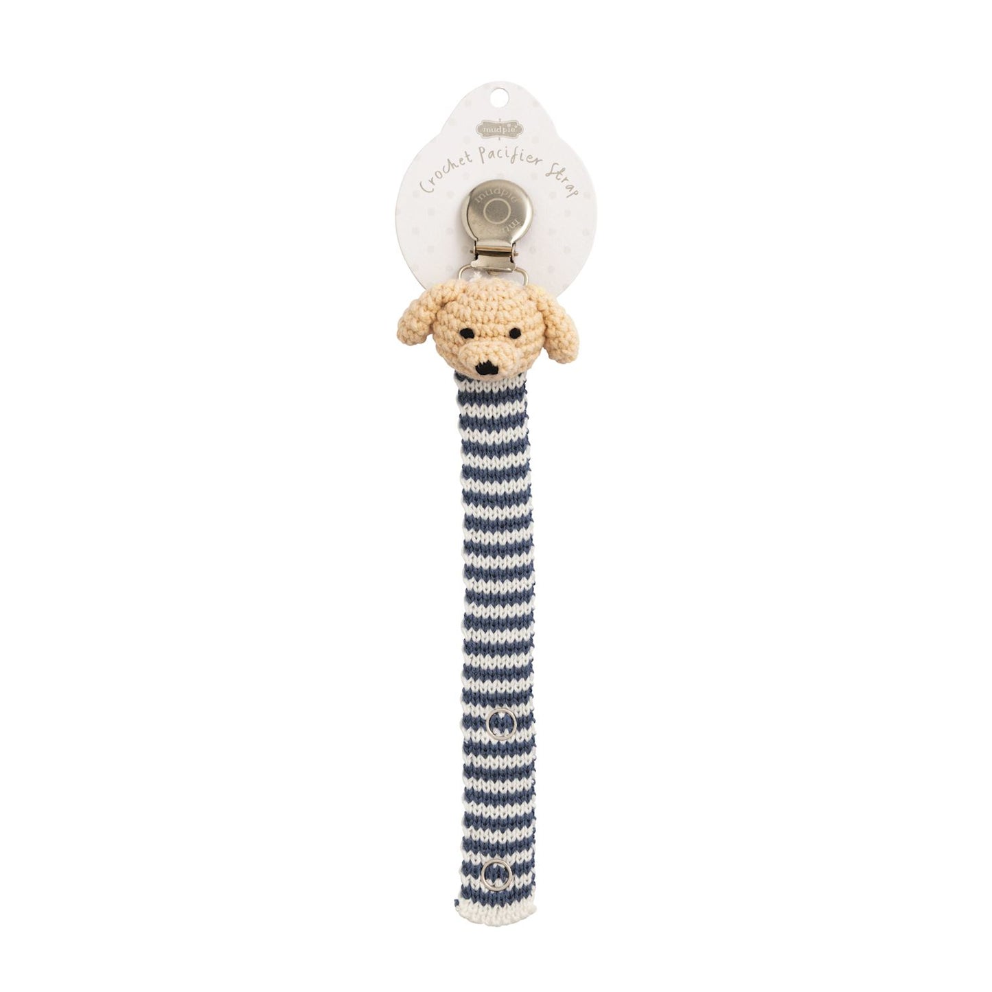 Mudpie crochet pacifier clip with a puppy dog and a navy and white striped strap with snaps on a white background