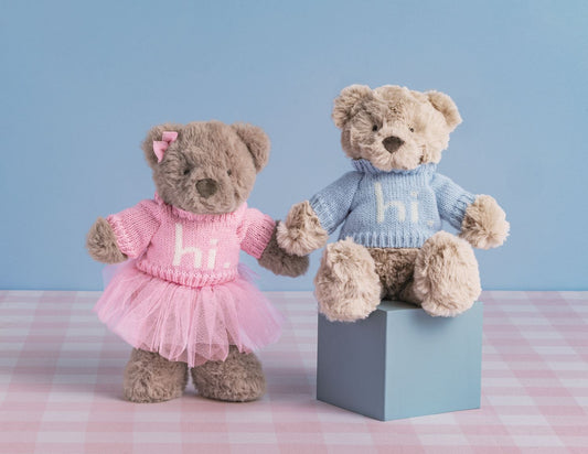 Two teddy bears, one in a pink dress and the other in a blue sweater with the word hi on the sweaters, on a checkered tablecloth with a blue background.