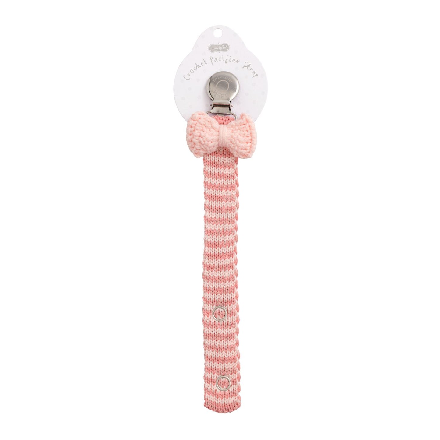 Mudpie crochet pacifier clip with a llight pink bow and a striped strap with snaps on a white background