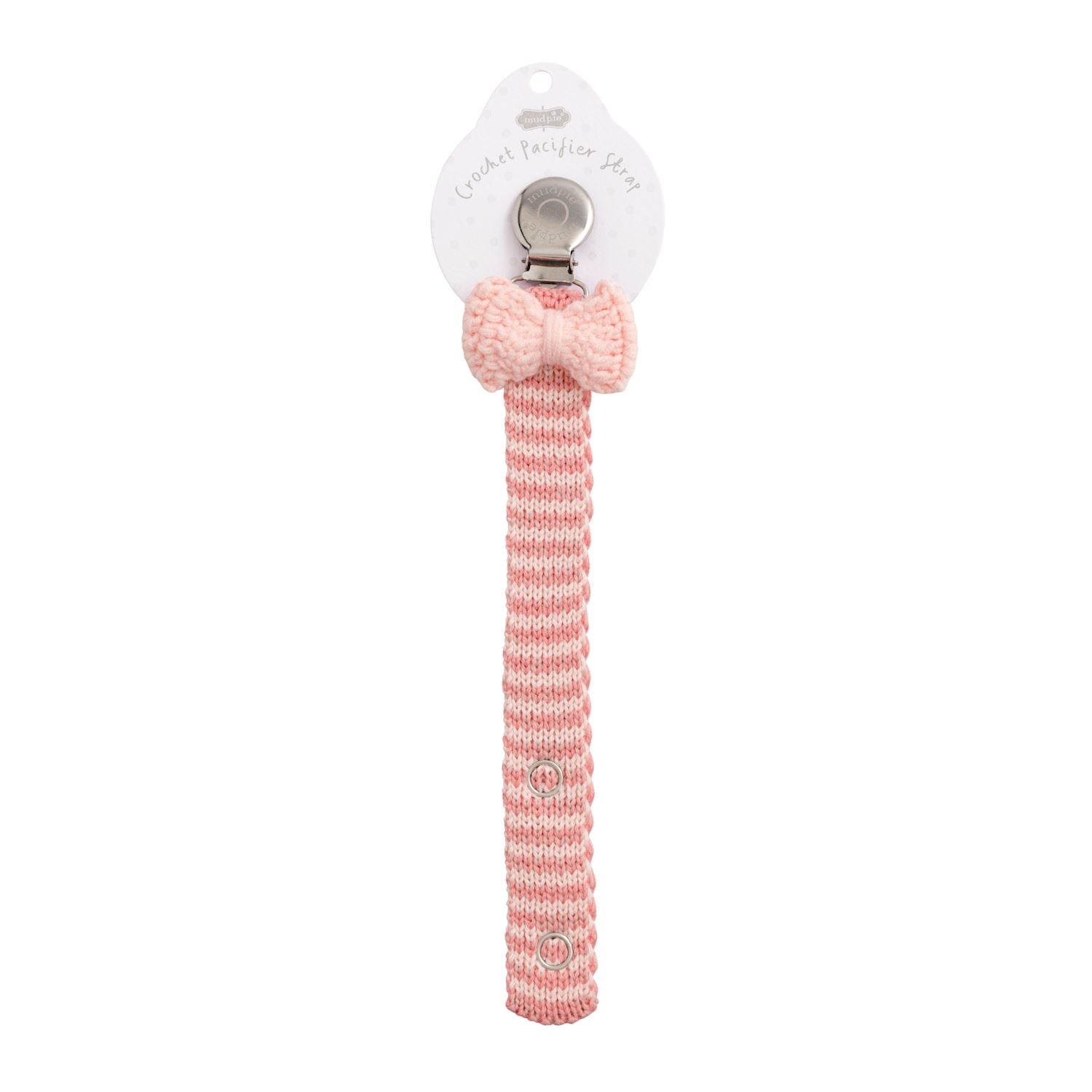 Mudpie crochet pacifier clip with a llight pink bow and a striped strap with snaps on a white background