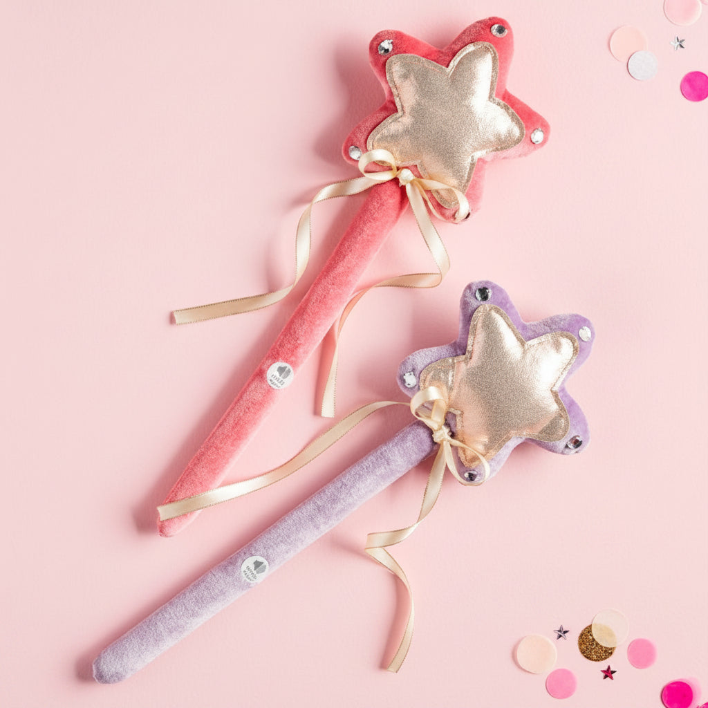 Colorful princess-themed wands in pink and purple on a pink background