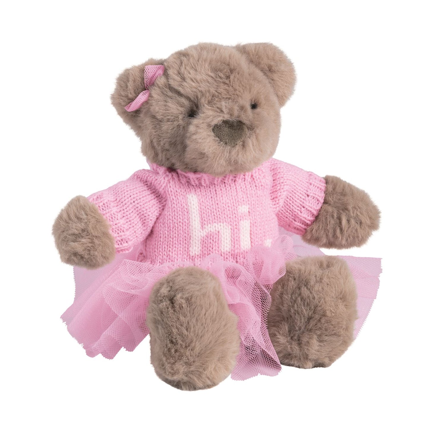 mudpie Teddy bear in a pink dress with 'hi' written on it against a white background