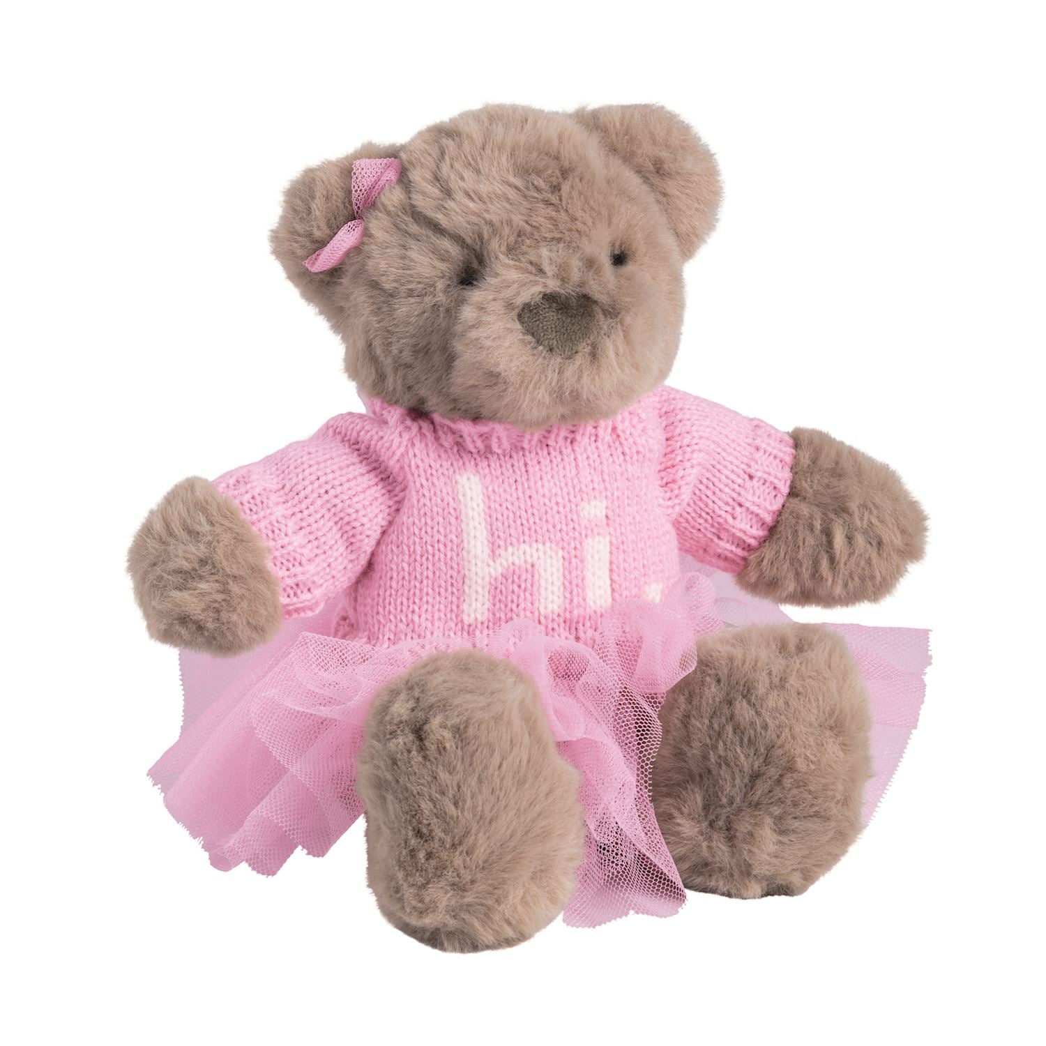 mudpie Teddy bear in a pink dress with 'hi' written on it against a white background
