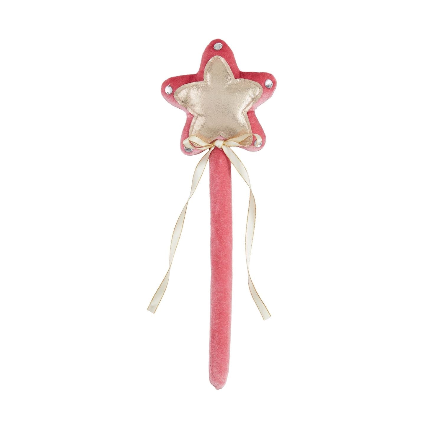 Pink star-shaped wand with a white ribbon on a white background by mudpie