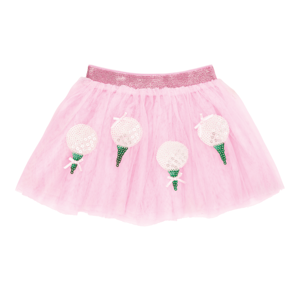 Pink tutu skirt with sequins shaped like white golf balls on a green golf tee