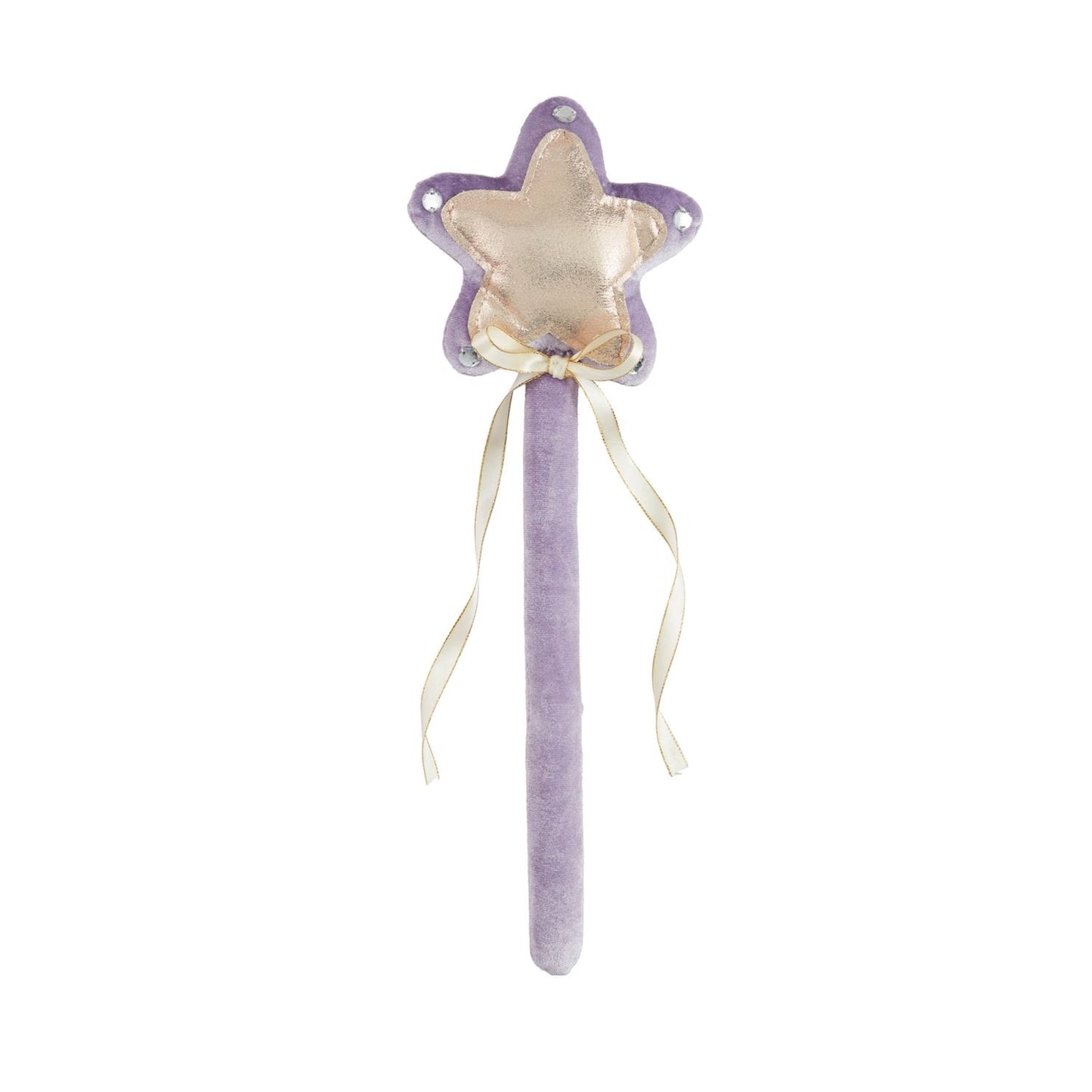 Star-shaped fairy wand with a purple handle and gold star on a white background by mudpie