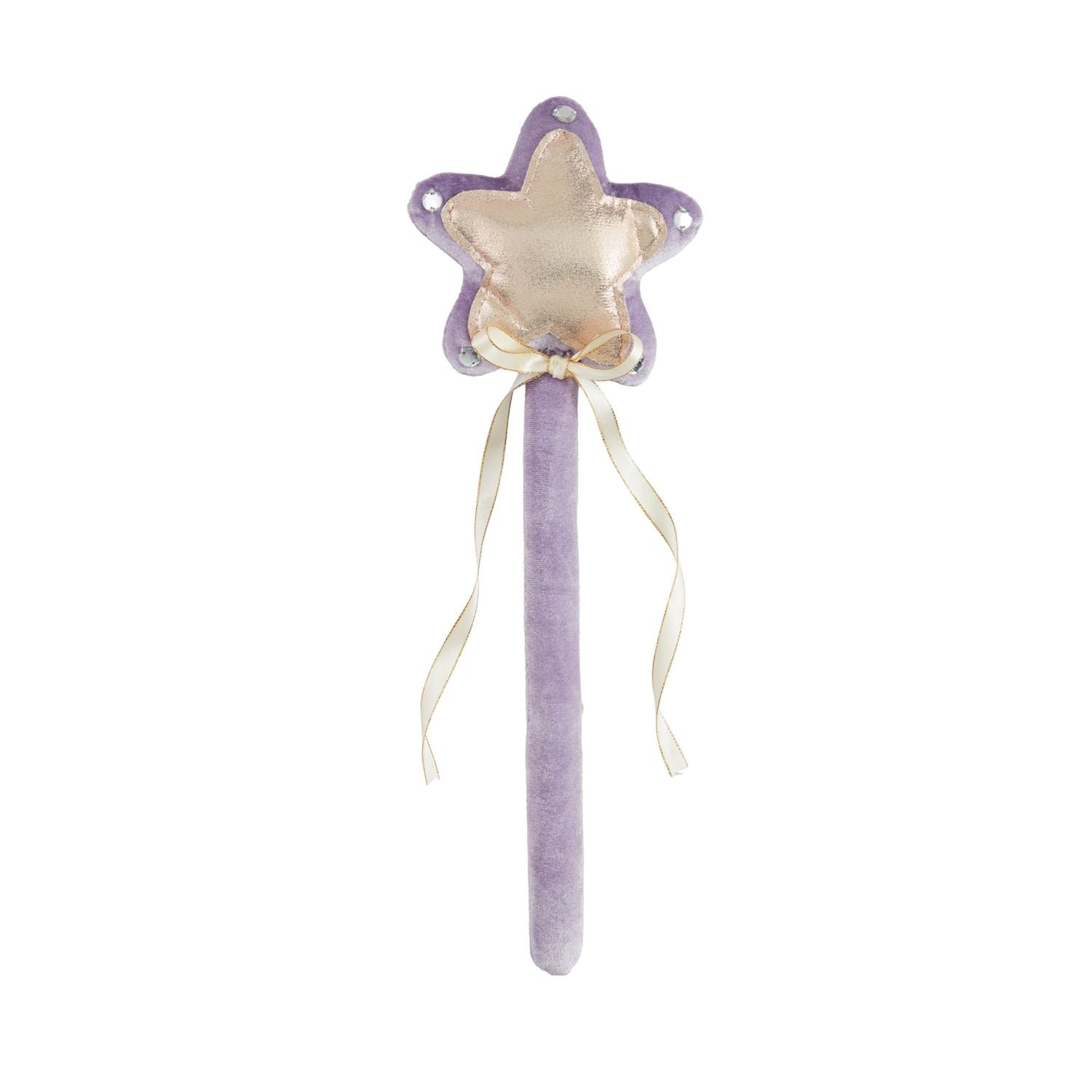 Star-shaped fairy wand with a purple handle and gold star on a white background by mudpie