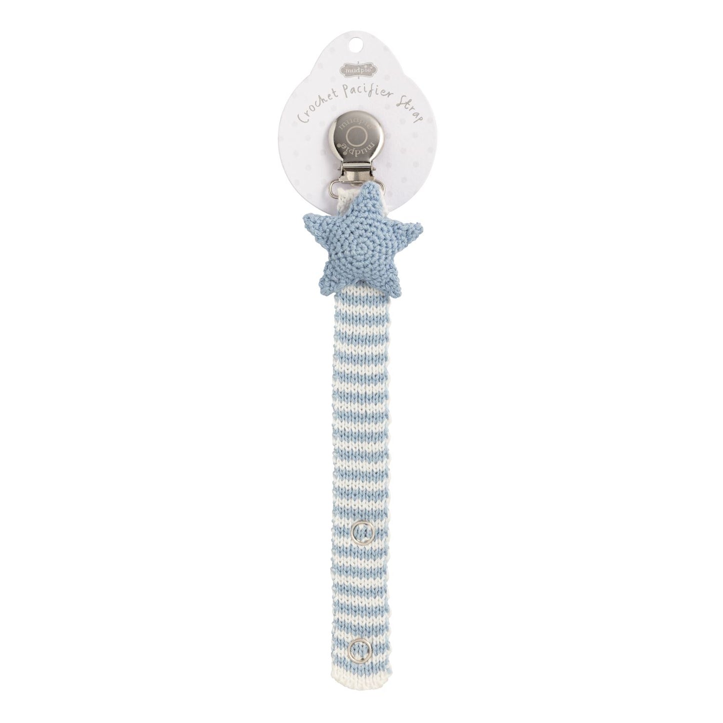 Mudpie crochet pacifier clip with a light blue star and a striped strap with snaps on a white background