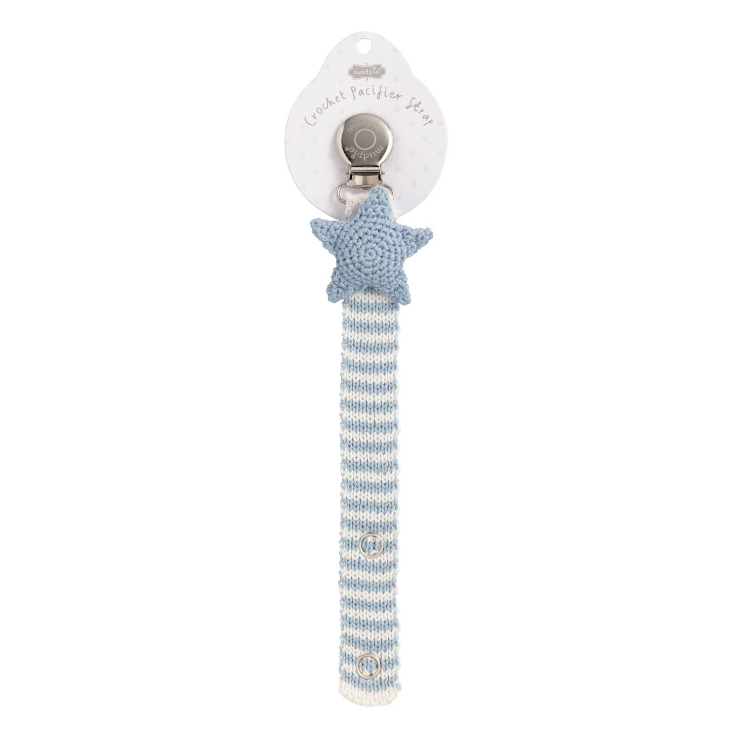 Mudpie crochet pacifier clip with a light blue star and a striped strap with snaps on a white background
