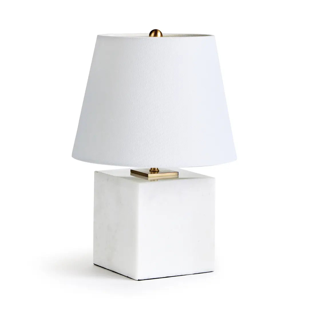 Square white marble table lamp with gold accents
