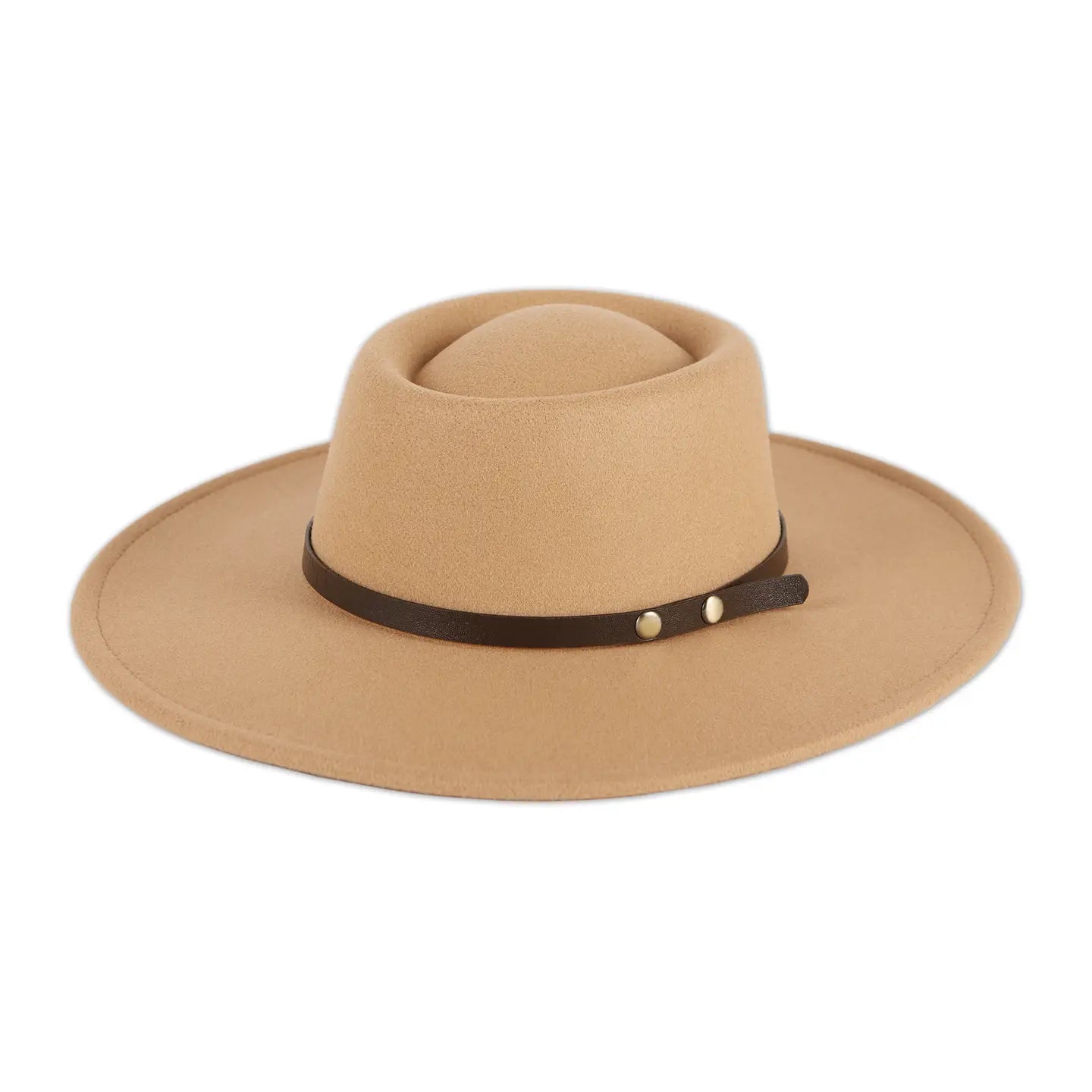tan wide brim hat with a dark brown band with gold stud embellishments