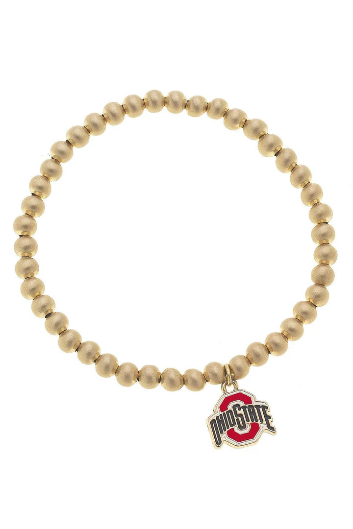 OSU Ohio State Buckeyes Ball Bead Stretch Bracelet in Satin Gold with an Ohio State logo charm