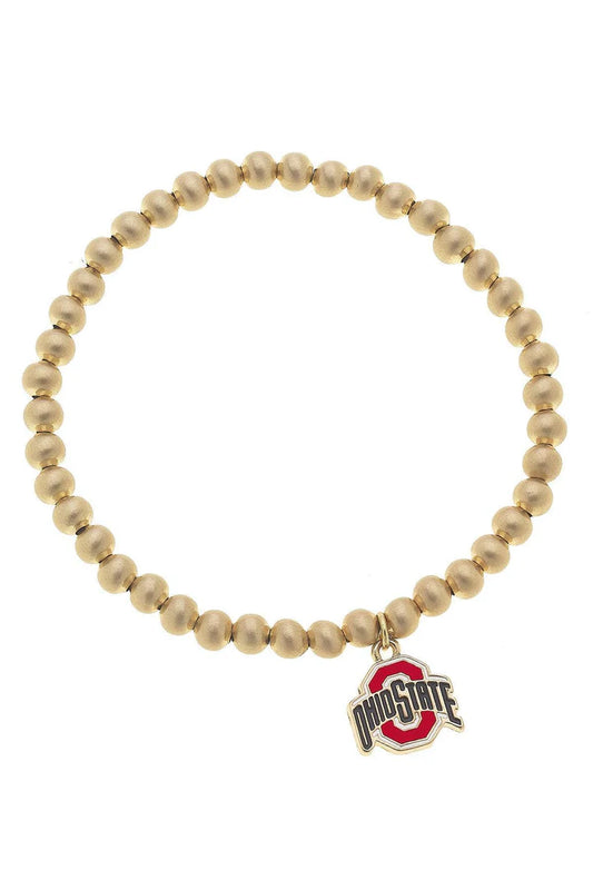 OSU Ohio State Buckeyes Ball Bead Stretch Bracelet in Satin Gold with an Ohio State logo charm