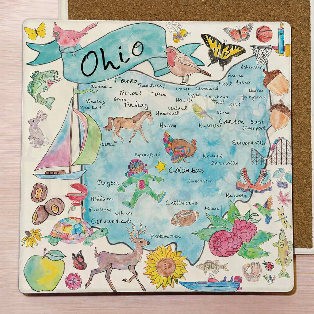 map of Ohio coaster with state icons and city names