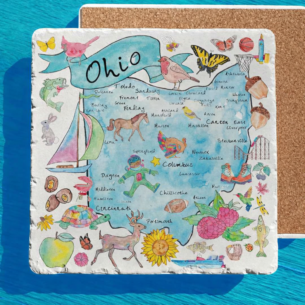 Stone trivet with a colorful map of Ohio with various symbols and illustrations on a blue background