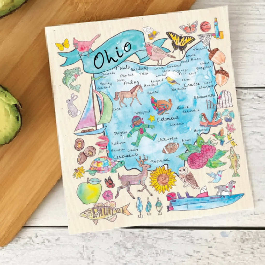 Swedish dishcloth colorful map of Ohio with various symbols and cities