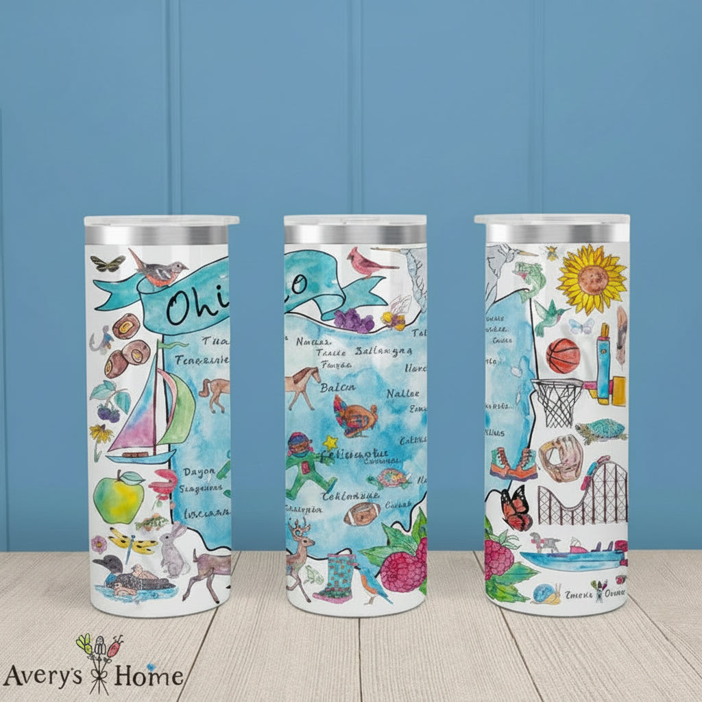 Colorful 20 oz skinny tumbler with a map of Ohio featuring cities and icons