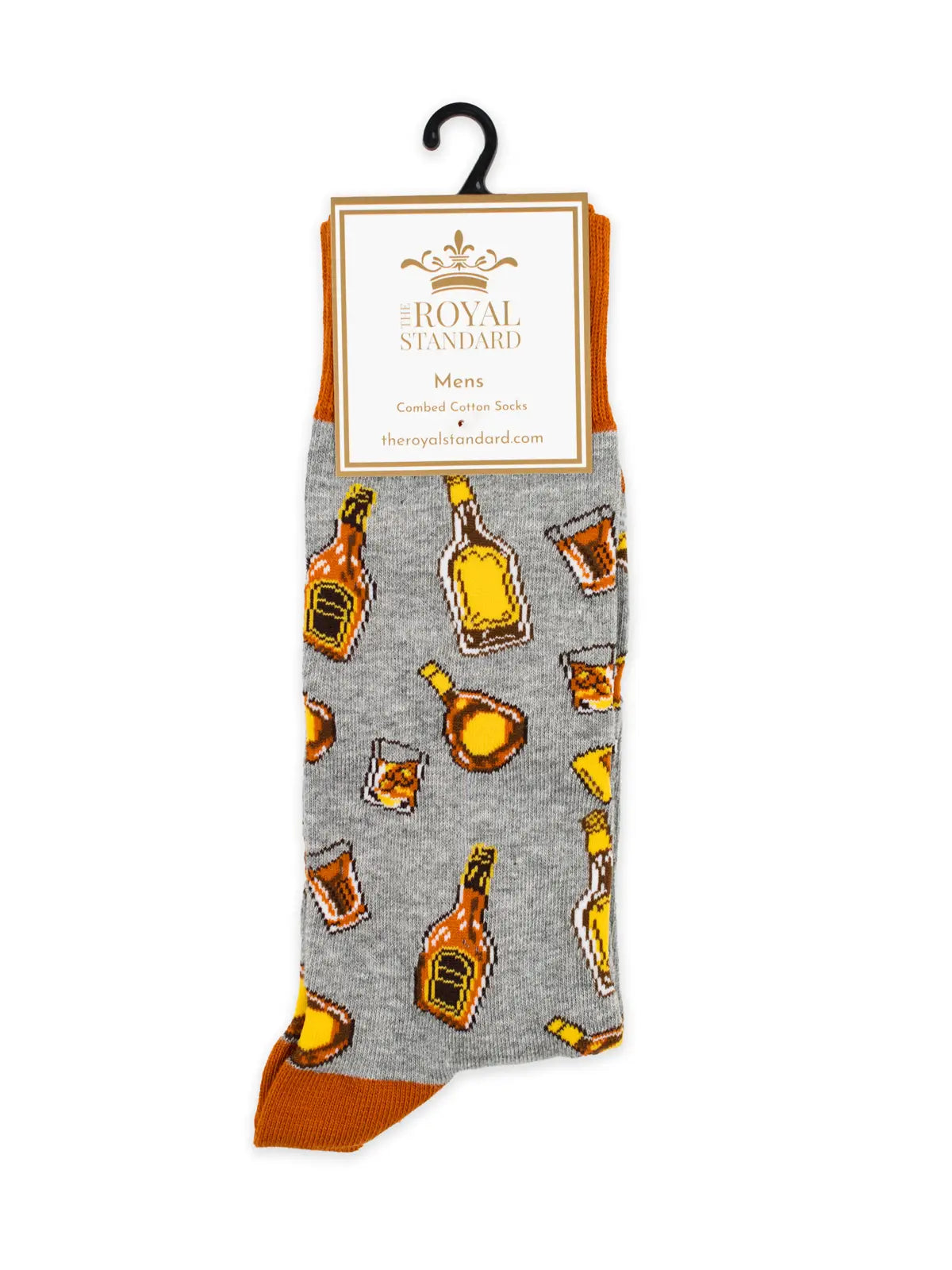 Gray sock with whiskey bottle and glass pattern with rust-colored hells and top band