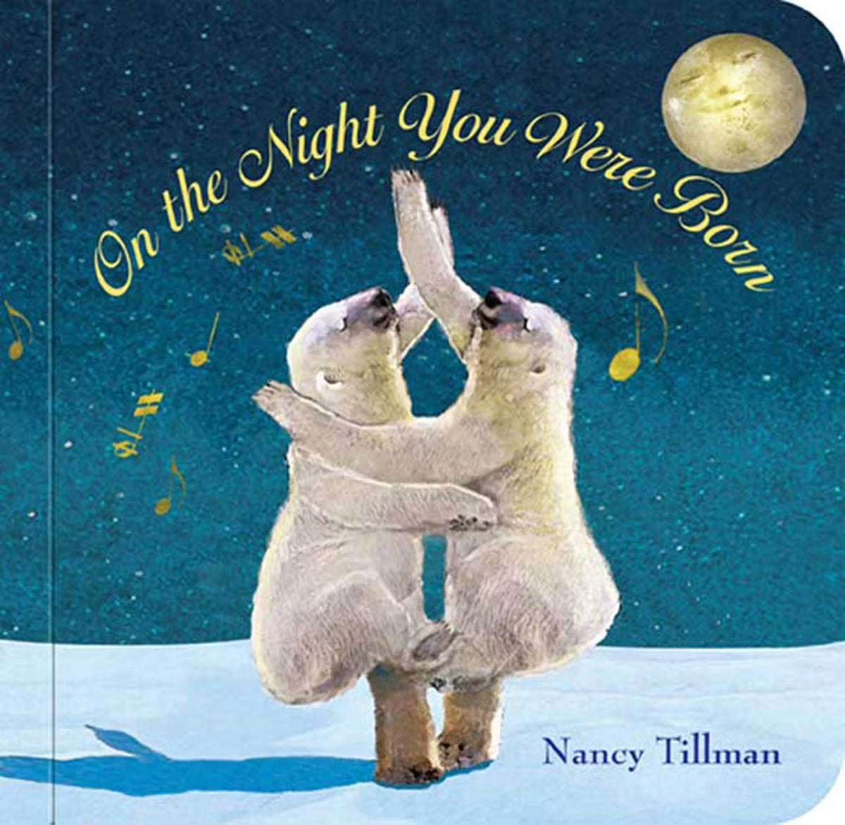 Front cover of the book 'On the Night You Were Born' featuring 2 polar bears and a moon in the night sky.