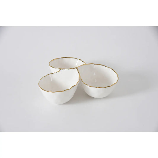 white ceramic 3 section server with a gold rim by Pampa Bay