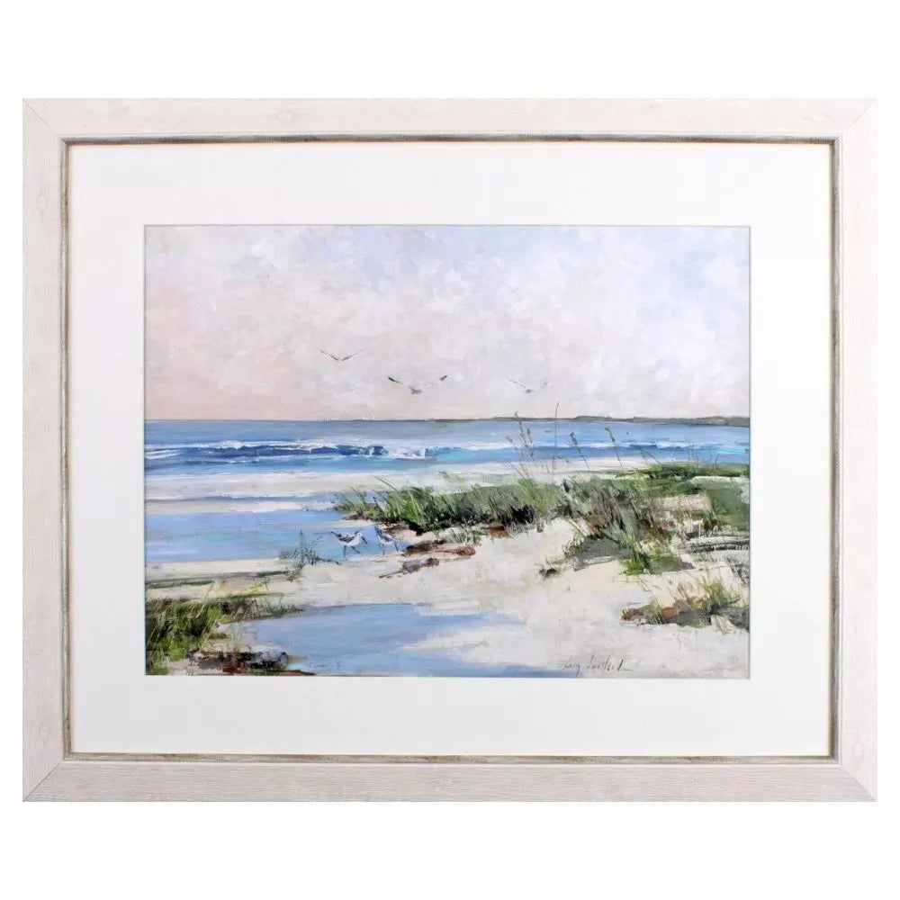 view of an ocean beach with sea gulls by paragon