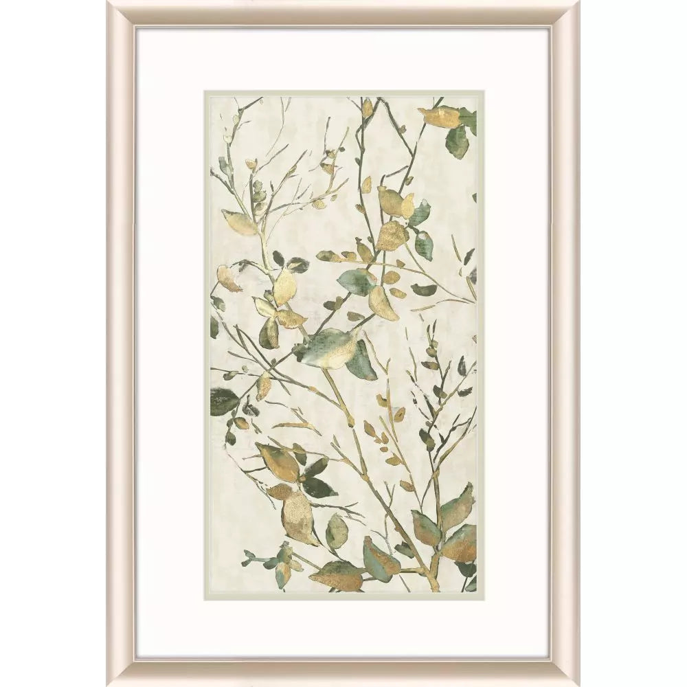 Framed artwork with green leaves and branches on a beige background