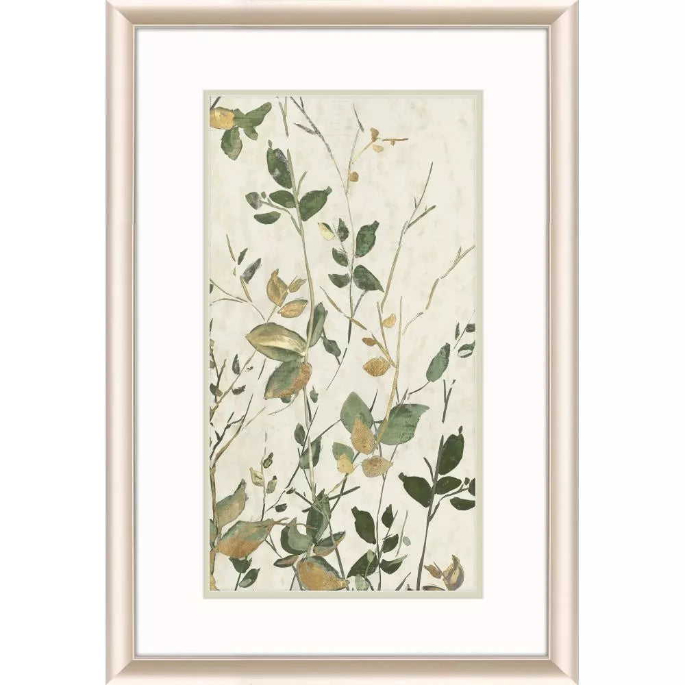 Framed artwork with green leaves and branches on a beige background