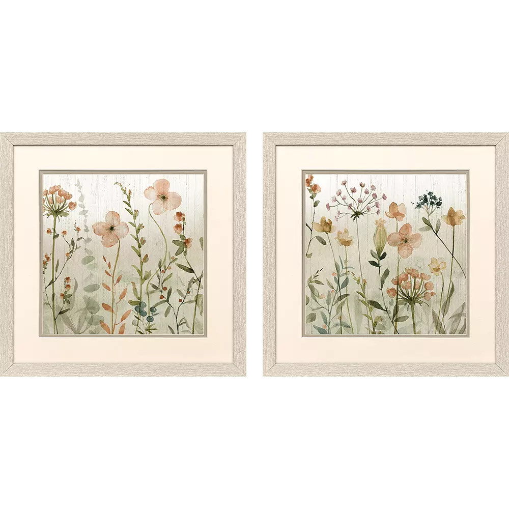 Two framed botanical prints with fall flowers and leaves by Paragon