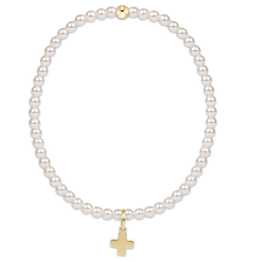 eNewton Classic Pearl 3mm Bead Bracelet Signature Cross Gold Charm