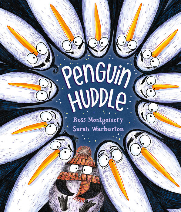 Front cover of the book 'Penguin Huddle' illustrated with a group of penguins in a huddle.