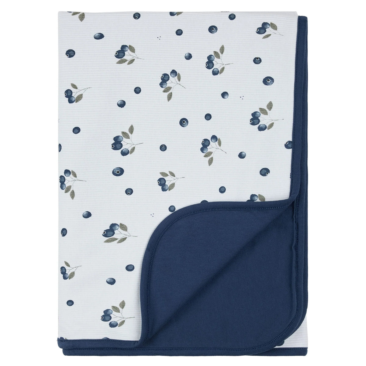 A folded baby blanket featuring a white front with a blueberry and leaf pattern, and a solid navy blue reverse side.