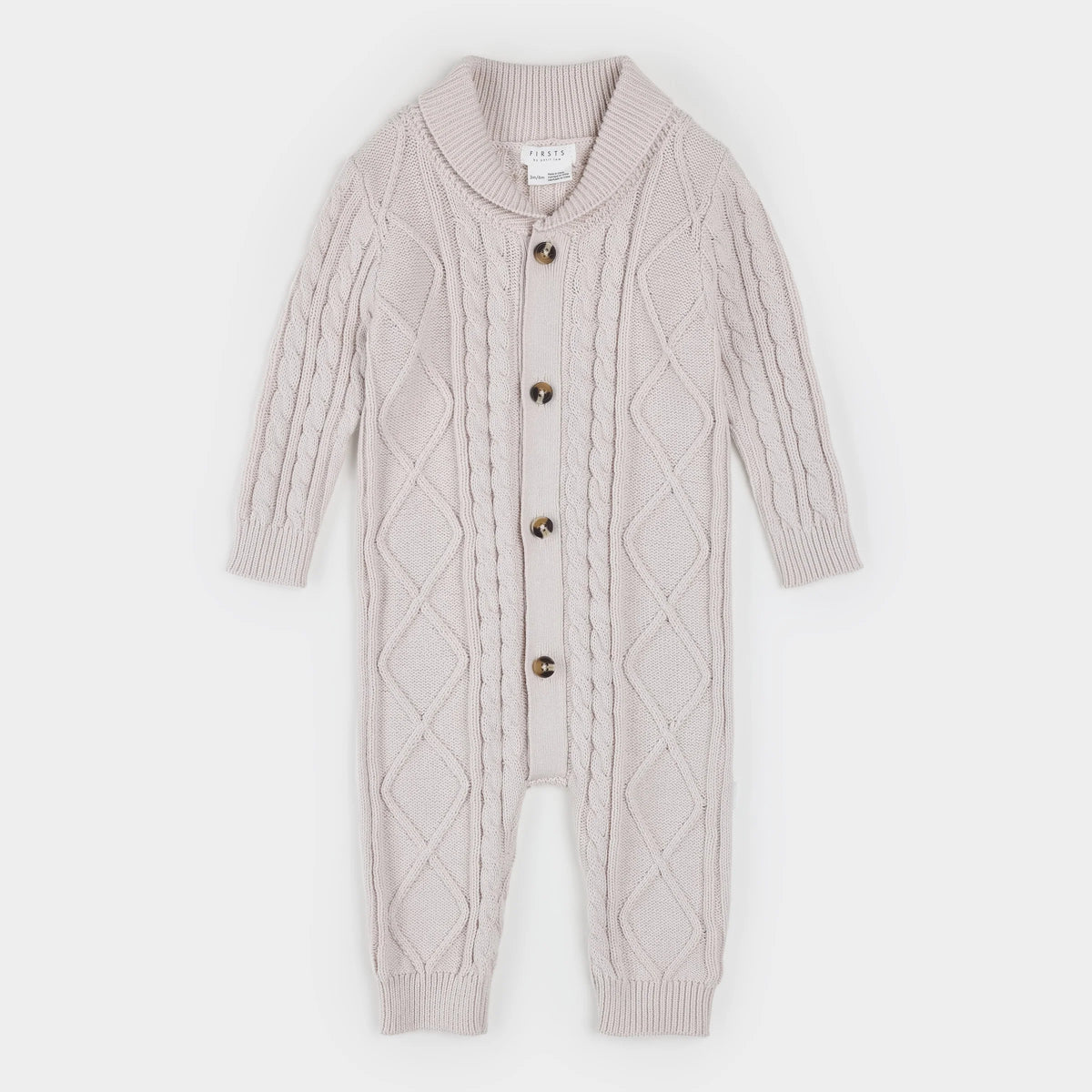 child's beige sweater knit one piece bodysuit with a shawl collar and brown buttons