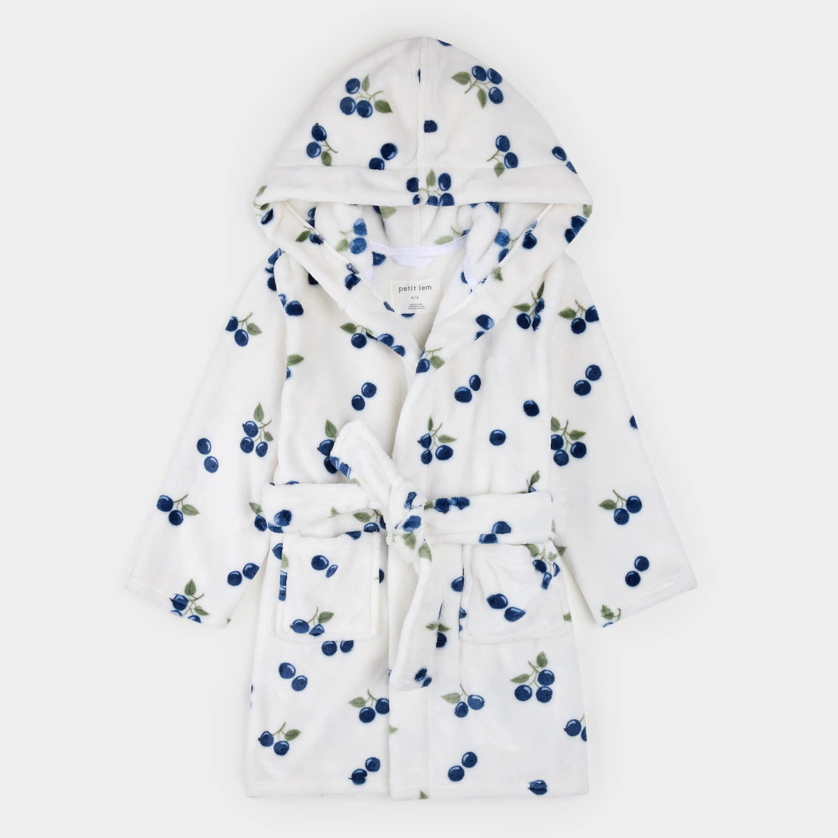 A white hooded velour bathrobe with a blueberry print, featuring a tie belt and front pockets.