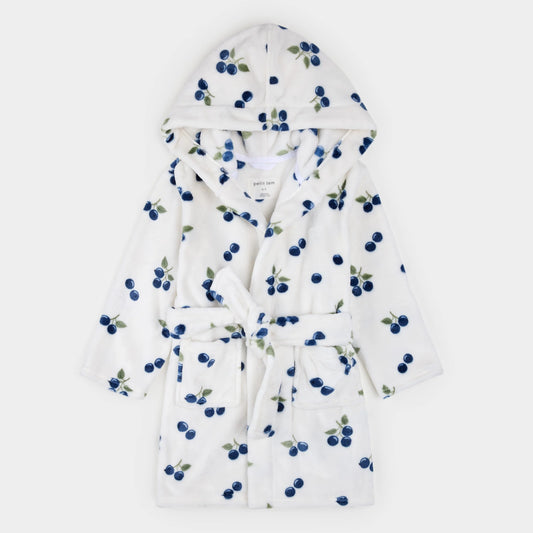 A white hooded velour bathrobe with a blueberry print, featuring a tie belt and front pockets.