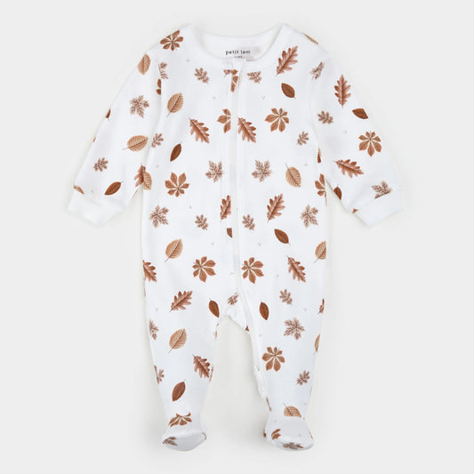 A white baby footed sleeper with a brown and tan autumn leaf pattern, featuring a front zipper and long sleeves and legs.