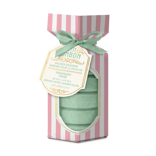 Sweetheart Green shower steamer in a pink and white striped box with a green ribbon and label by studio oh!