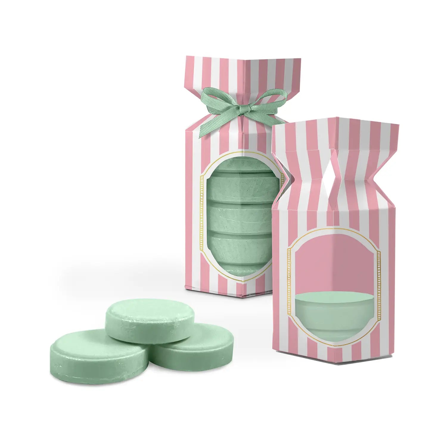 Sweetheart Green shower steamer in a pink and white striped box with a green ribbon and label by studio oh!