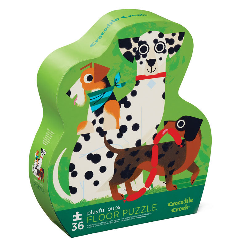 A 36-piece floor puzzle with colorful dog-shaped pieces illustrated with various playful puppy characters.