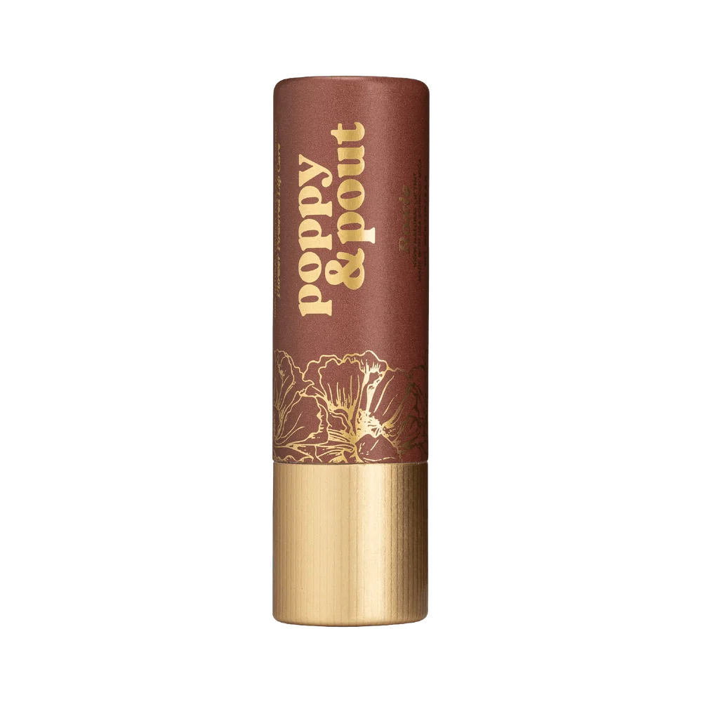 Roxie Lip tint with 'Poppy & Pout' branding on a white background