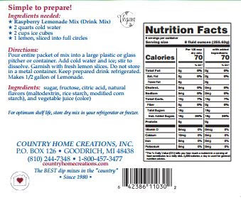 Nutrition facts label and ingredients list for raspberry lemonade