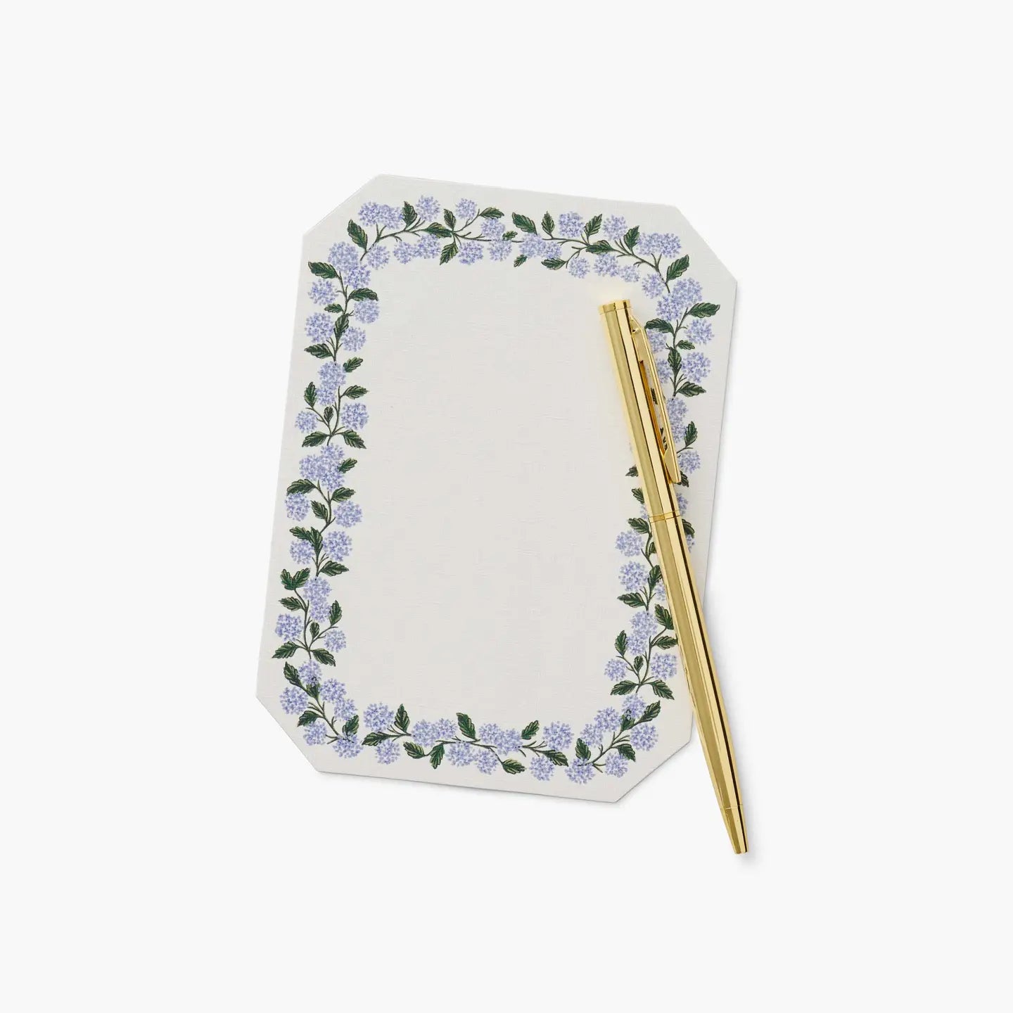 Hexagonal white paper with floral blue hydrangea design and gold pen