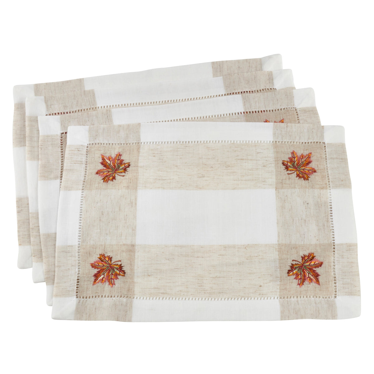 Square linen placemats stacked on a white background. The placemats feature a beige and white gingham check pattern with embroidered orange and red autumn leaves in the corners.