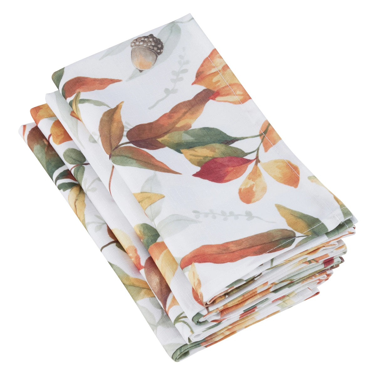 A stack of four folded white napkins featuring a watercolor autumn leaf pattern in orange, red, green, and yellow, with a small acorn motif near the top.