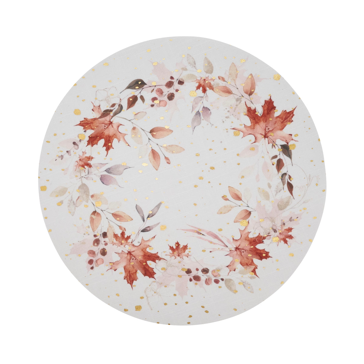 A round placemat with a watercolor autumn wreath design featuring red, orange, and brown leaves, soft pink berries, and scattered gold speckles on a light background.