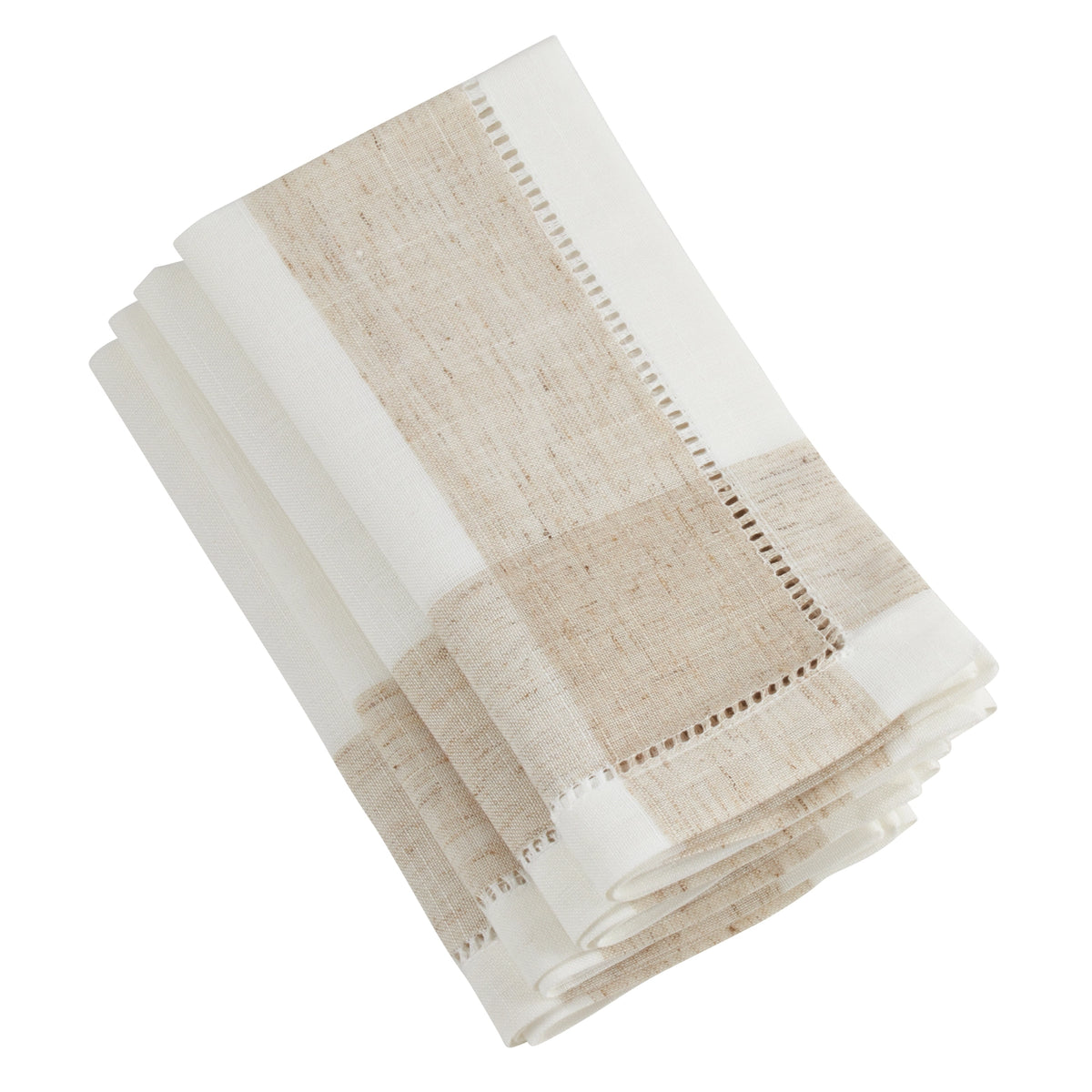 Stack of beige and white checkered hemstitched napkins on a white background