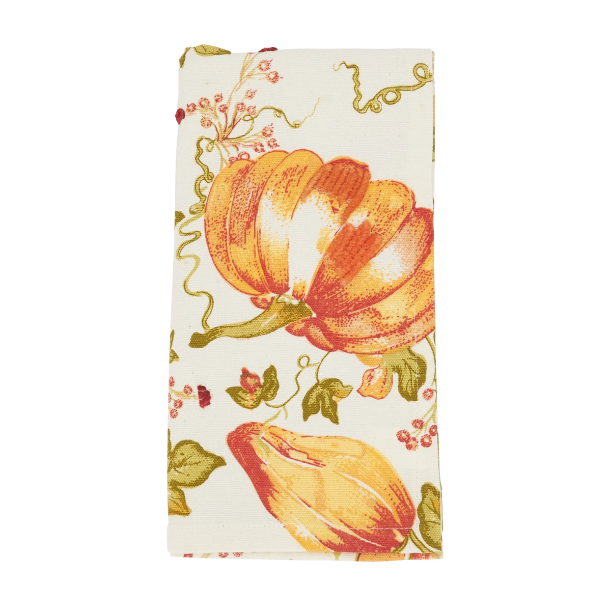 A rectangular fabric napkin with an autumn-themed print featuring orange pumpkins, green leaves, and small red berries on an off-white background.