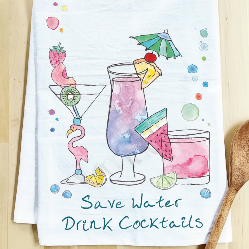 Towel with cocktail-themed design and text 'Save Water Drink Cocktails'