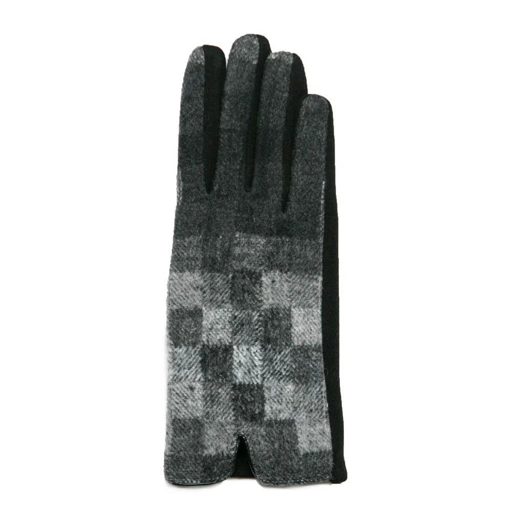 A single knit glove in a gray and black checkerboard pattern with solid black fingertips, shown against a plain white background.